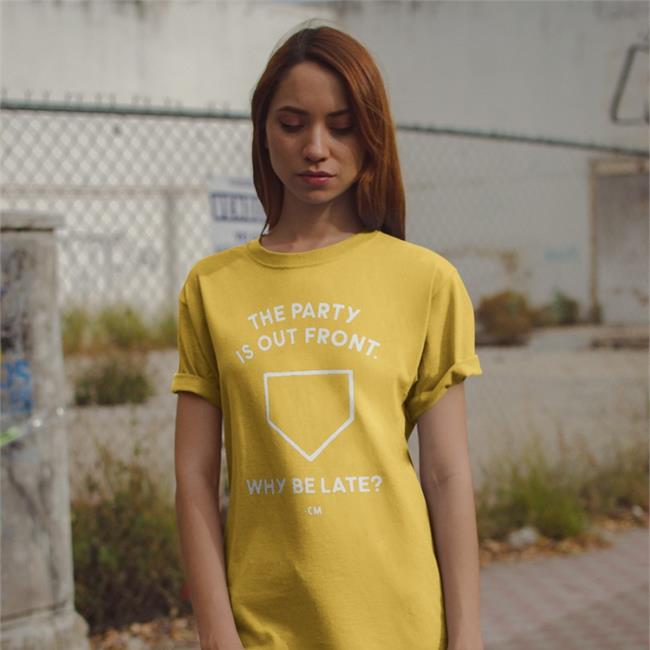 Hog Island Press Merch The Party Is Out Front Why Be Late Tee Charlie Manuel