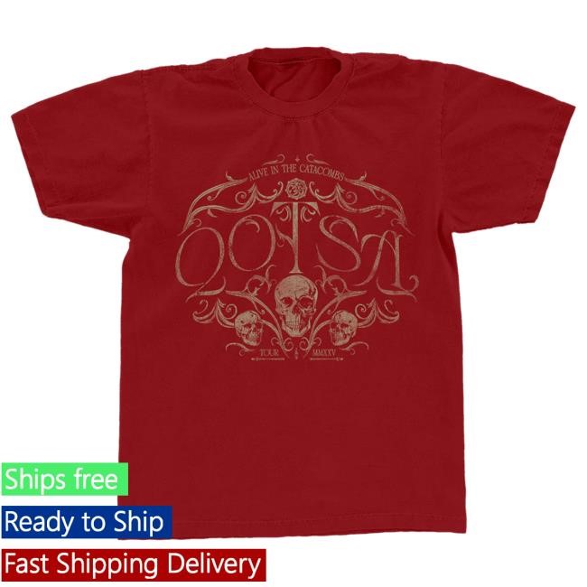 Official Queens of the Stone Age Merch Store Alive In The Catacombs Skull T Shirt (Red) Qotsa Shop