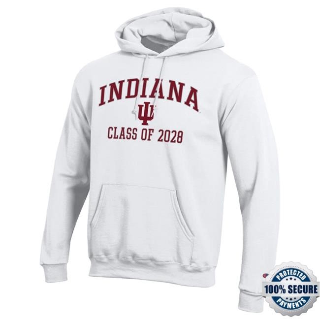 Official Shop Big Ten Store Mens Indiana Hoosiers White Champion Font Class of 2028 Powerblend Sweatshirts