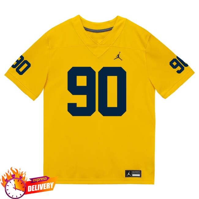 Michigan Wolverines #90 Hudson Hollenbeck Student Athlete Maize Football Jersey Tee The M Den Shop