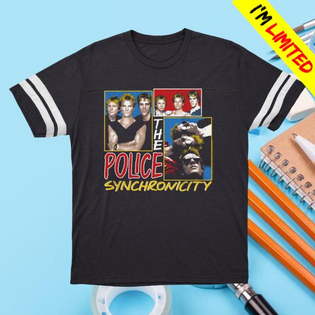 Official Merch Bar The Police Band Synchronicity Collage Distressed Tees Vintage Navy Blended White MerchBar ThePolice