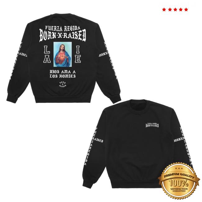 Official Born X Raised Store Shop Born X Raised + Fuerza Regida Jesucristo Crew neck Sweatshirt Black BornxRaised