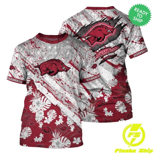 Official Arkansas Razorbacks Tropical Flower Style And Flag All Over Printed 3D Hoodie