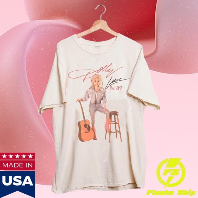 Official Dolly Parton Merch Store Shop Dolly Parton Live In '89 Off White Thrifted Distressed Tshirt DollyParton