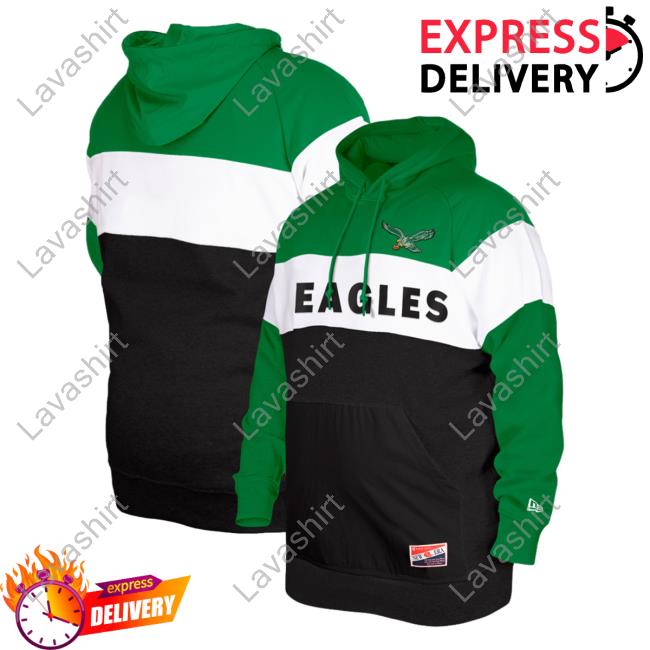 Official PhiladelphiaEagles Clothing Merch Store Shop New Era Kelly Green Philadelphia Eagles Throwback Colorblocked Sweatshirts 3D