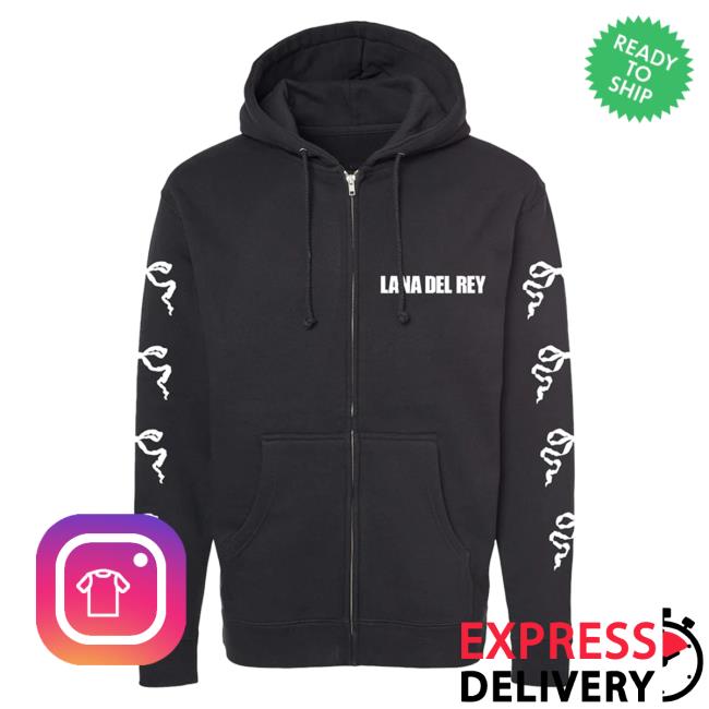 Official Lana Del Rey Merch Store Black Zip-Up Hoodie With Ribbon Sleeves Attractive Hoodie Lana Del Rey Clothing Apparel Shop LanaDelRey