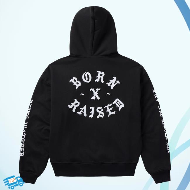 Official Born X Raised Merch Store Shop Bxr Flocked Zip Up Pull Over Hoodie: Black BornxRaised